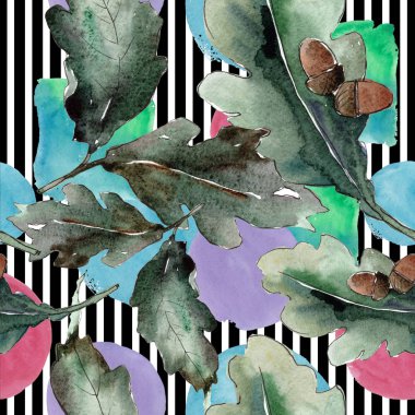 Meşe yaprağı. Yaprak bitki botanik bahçe çiçek yaprakları. Sorunsuz arka plan deseni. Kumaş duvar kağıdı yazdırma doku. Aquarelle yaprak için arka plan, doku, sarıcı desen, çerçeve veya kenarlık.