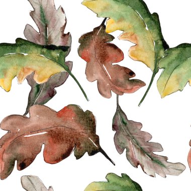 Meşe yaprağı. Yaprak bitki botanik bahçe çiçek yaprakları. Sorunsuz arka plan deseni. Kumaş duvar kağıdı yazdırma doku. Aquarelle yaprak için arka plan, doku, sarıcı desen, çerçeve veya kenarlık.