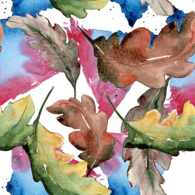 Meşe yaprağı. Yaprak bitki botanik bahçe çiçek yaprakları. Sorunsuz arka plan deseni. Kumaş duvar kağıdı yazdırma doku. Aquarelle yaprak için arka plan, doku, sarıcı desen, çerçeve veya kenarlık.