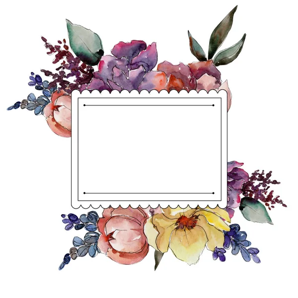 Colorful bouquet. Frame border ornament square. Aquarelle wildflower for background, texture, wrapper pattern, frame or border.