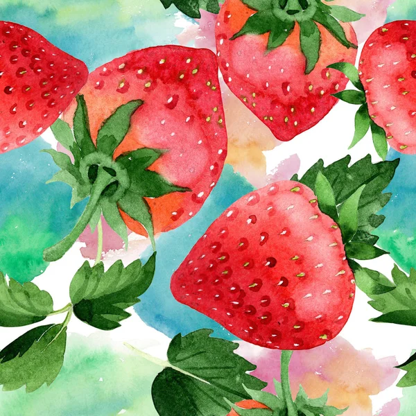 Red strawberries healthy food. Seamless background pattern. Fabric wallpaper print texture. Full name of the fruit: strawberry. Aquarelle wild fruit for background, texture, wrapper pattern or menu.