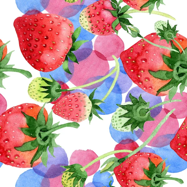 Red strawberries healthy food. Seamless background pattern. Fabric wallpaper print texture. Full name of the fruit: strawberry. Aquarelle wild fruit for background, texture, wrapper pattern or menu.