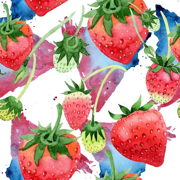 Red strawberries healthy food. Seamless background pattern. Fabric wallpaper print texture. Full name of the fruit: strawberry. Aquarelle wild fruit for background, texture, wrapper pattern or menu.