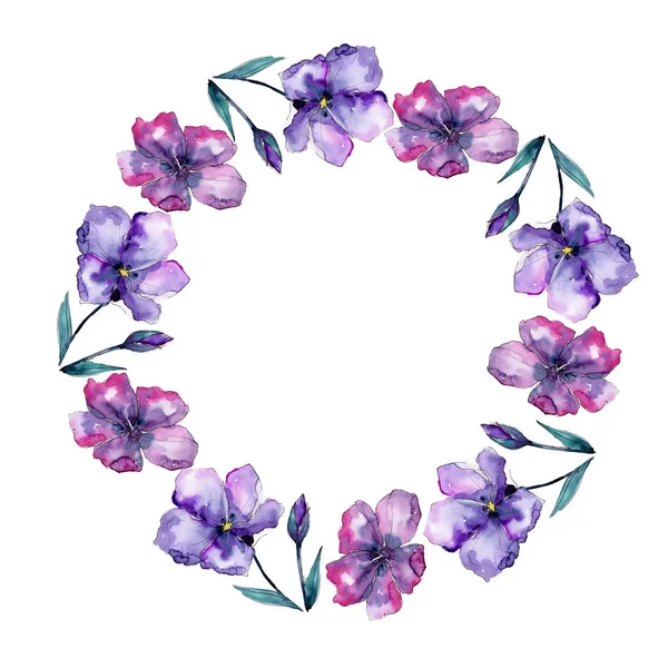 Fiołek Lnu Botaniczny Kwiat Kwiatowy Ramki Granicznej Ornament Placu Aquarelle — Zdjęcie stockowe