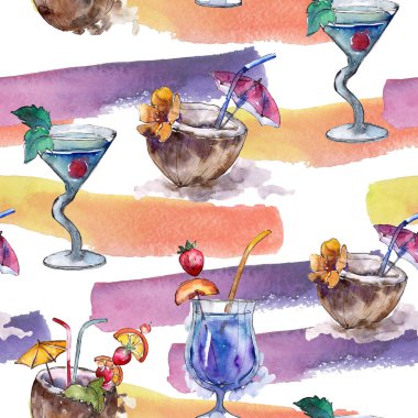 Pina colada parti kokteyl içki. Sorunsuz arka plan deseni. Gece kulübü izole simgesi kroki çizim. Aquarelle kokteyl içki resimde arka plan, doku, sarıcı desen, çerçeve veya kenarlık için.