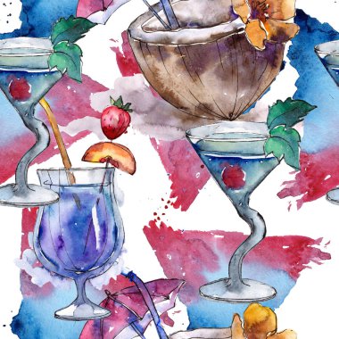 Bar parti kokteyl içki karıştırmak. Sorunsuz arka plan deseni. Gece kulübü izole simgesi kroki çizim. Aquarelle kokteyl içki resimde arka plan, doku, sarıcı desen, çerçeve veya kenarlık için.