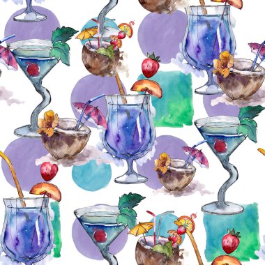 Bar parti kokteyl içki karıştırmak. Sorunsuz arka plan deseni. Gece kulübü izole simgesi kroki çizim. Aquarelle kokteyl içki resimde arka plan, doku, sarıcı desen, çerçeve veya kenarlık için.