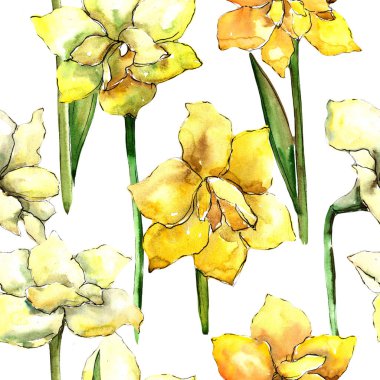 Sarı nergis zambağı. Sorunsuz arka plan deseni. Kumaş duvar kağıdı yazdırma doku. Arka plan, doku, sarıcı desen, çerçeve veya kenarlık için Aquarelle kır çiçeği.