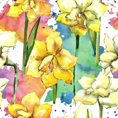 Sarı nergis zambağı. Sorunsuz arka plan deseni. Kumaş duvar kağıdı yazdırma doku. Arka plan, doku, sarıcı desen, çerçeve veya kenarlık için Aquarelle kır çiçeği.