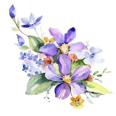 Renkli buket. Botanik çiçek. Vahşi bahar yaprak izole kır çiçeği. Arka plan, doku, sarıcı desen, çerçeve veya kenarlık için Aquarelle kır çiçeği.