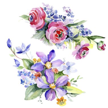 Renkli buket. Botanik çiçek. Vahşi bahar yaprak izole kır çiçeği. Arka plan, doku, sarıcı desen, çerçeve veya kenarlık için Aquarelle kır çiçeği.