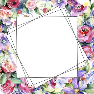 Renkli buket. Botanik çiçek. Çerçeve kenarlığı süsleme Meydanı. Arka plan, doku, sarıcı desen, çerçeve veya kenarlık için Aquarelle kır çiçeği.