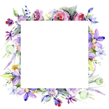 Renkli buket. Botanik çiçek. Çerçeve kenarlığı süsleme Meydanı. Arka plan, doku, sarıcı desen, çerçeve veya kenarlık için Aquarelle kır çiçeği.