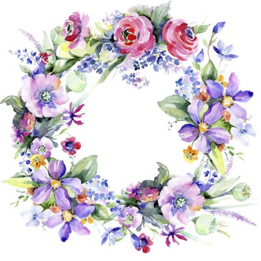 Renkli buket. Botanik çiçek. Çerçeve kenarlığı süsleme Meydanı. Arka plan, doku, sarıcı desen, çerçeve veya kenarlık için Aquarelle kır çiçeği.