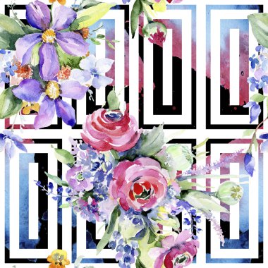 Renkli buket. Sorunsuz arka plan deseni. Kumaş duvar kağıdı yazdırma doku. Arka plan, doku, sarıcı desen, çerçeve veya kenarlık için Aquarelle kır çiçeği.