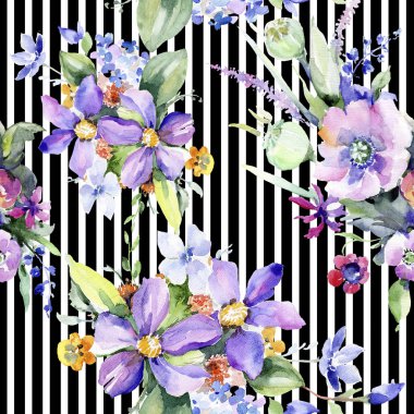 Renkli buket. Sorunsuz arka plan deseni. Kumaş duvar kağıdı yazdırma doku. Arka plan, doku, sarıcı desen, çerçeve veya kenarlık için Aquarelle kır çiçeği.