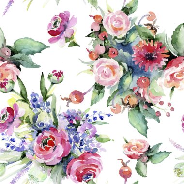 Renkli buket. Sorunsuz arka plan deseni. Kumaş duvar kağıdı yazdırma doku. Arka plan, doku, sarıcı desen, çerçeve veya kenarlık için Aquarelle kır çiçeği.