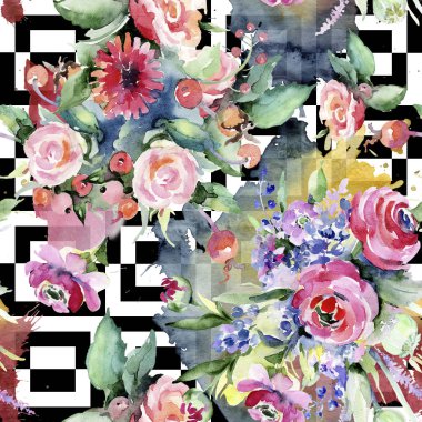 Renkli buket. Sorunsuz arka plan deseni. Kumaş duvar kağıdı yazdırma doku. Arka plan, doku, sarıcı desen, çerçeve veya kenarlık için Aquarelle kır çiçeği.