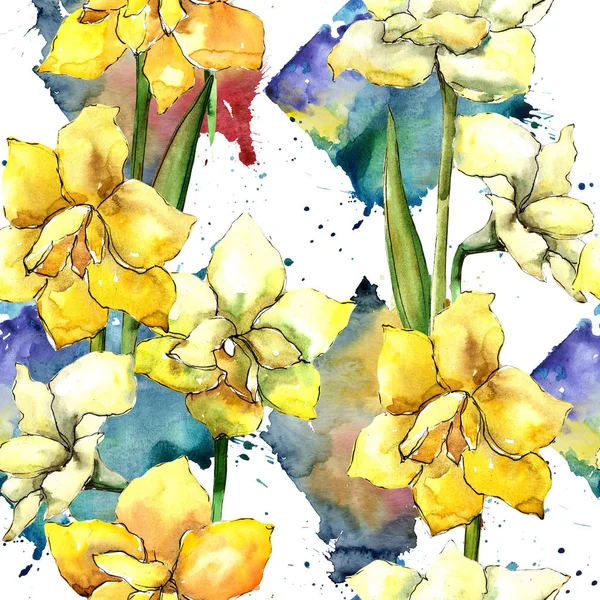 Žlutá Amaryllis Vzor Bezešvé Pozadí Fabric Tapety Tisku Texturu Aquarelle — Stock fotografie