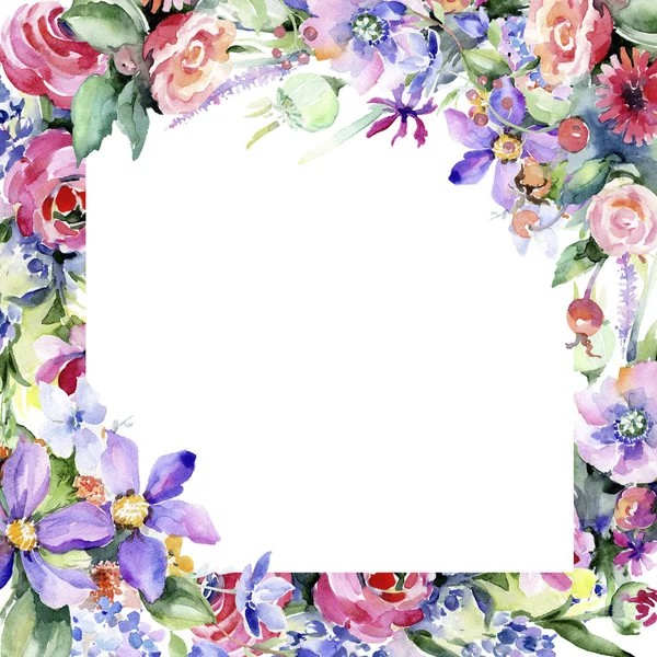 Bunter Strauß Blütenbotanische Blume Rahmen Bordüre Ornament Quadrat Aquarell Wildblume — Stockfoto