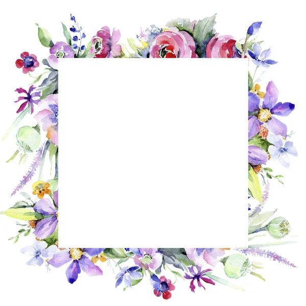五颜六色的花束 花卉植物花 框边框装饰广场 包装图案 框架或边框的水彩画野花 — 图库照片