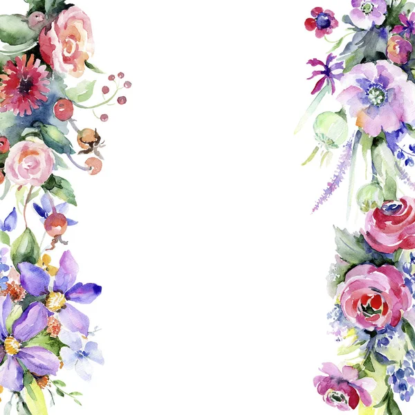 Buquê Colorido Floral Flor Botânica Quadro Borda Ornamento Quadrado Aquarelle — Fotografia de Stock