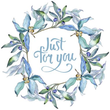 Mavi iğde suluboya tarzında bırakır. Çerçeve kenarlığı süsleme Meydanı. Aquarelle yaprak için arka plan, doku, sarıcı desen, çerçeve veya kenarlık.