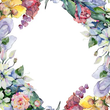İhale buket çiçek. Botanik çiçek. Çerçeve kenarlığı süsleme Meydanı. Arka plan, doku, sarıcı desen, çerçeve veya kenarlık için Aquarelle kır çiçeği.