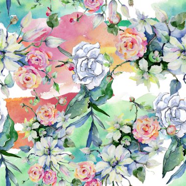 İhale buket çiçek. Sorunsuz arka plan deseni. Kumaş duvar kağıdı yazdırma doku. Arka plan, doku, sarıcı desen, çerçeve veya kenarlık için Aquarelle kır çiçeği.