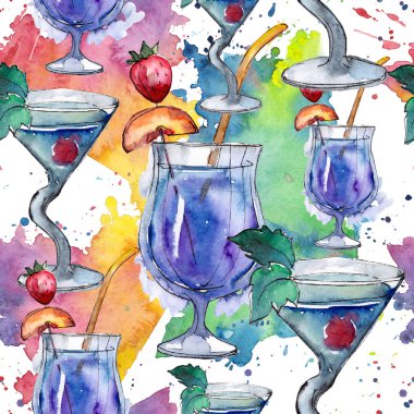 Bar parti kokteyl içki karıştırmak. Sorunsuz arka plan deseni. Gece kulübü izole simgesi kroki çizim. Aquarelle kokteyl içki resimde arka plan, doku, sarıcı desen, çerçeve veya kenarlık için.