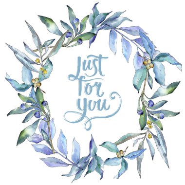 Mavi iğde suluboya tarzında bırakır. Çerçeve kenarlığı süsleme Meydanı. Aquarelle yaprak için arka plan, doku, sarıcı desen, çerçeve veya kenarlık.