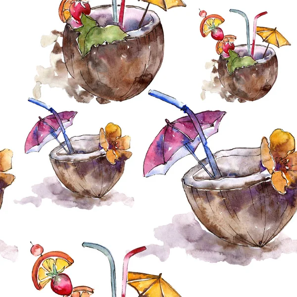 Pina colada party cocktail drink. Seamless background pattern. Nightclub isolated icon sketch drawing. Aquarelle cocktail drink illustration for background, texture, wrapper pattern, frame or border.