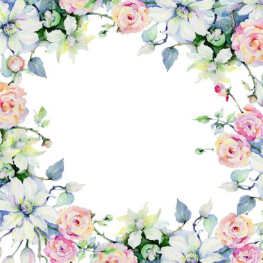 İhale buket çiçek. Botanik çiçek. Çerçeve kenarlığı süsleme Meydanı. Arka plan, doku, sarıcı desen, çerçeve veya kenarlık için Aquarelle kır çiçeği.