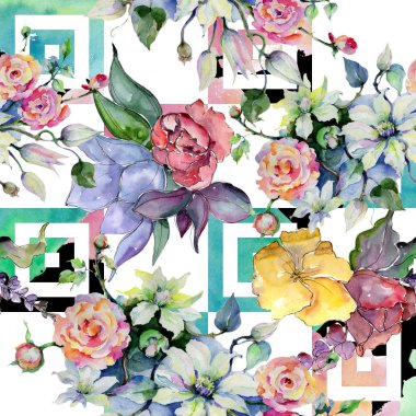 İhale buket çiçek. Sorunsuz arka plan deseni. Kumaş duvar kağıdı yazdırma doku. Arka plan, doku, sarıcı desen, çerçeve veya kenarlık için Aquarelle kır çiçeği.