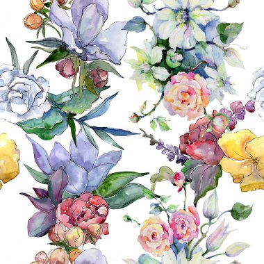 İhale buket çiçek. Sorunsuz arka plan deseni. Kumaş duvar kağıdı yazdırma doku. Arka plan, doku, sarıcı desen, çerçeve veya kenarlık için Aquarelle kır çiçeği.