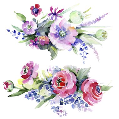 Renkli buket. Botanik çiçek. Vahşi bahar yaprak izole kır çiçeği. Arka plan, doku, sarıcı desen, çerçeve veya kenarlık için Aquarelle kır çiçeği.