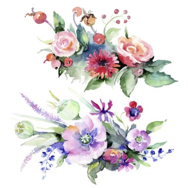 Renkli buket. Botanik çiçek. Vahşi bahar yaprak izole kır çiçeği. Arka plan, doku, sarıcı desen, çerçeve veya kenarlık için Aquarelle kır çiçeği.