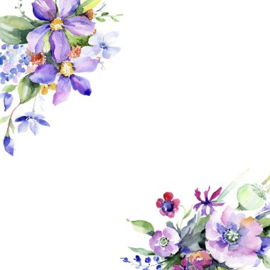 Renkli buket. Botanik çiçek. Çerçeve kenarlığı süsleme Meydanı. Arka plan, doku, sarıcı desen, çerçeve veya kenarlık için Aquarelle kır çiçeği.