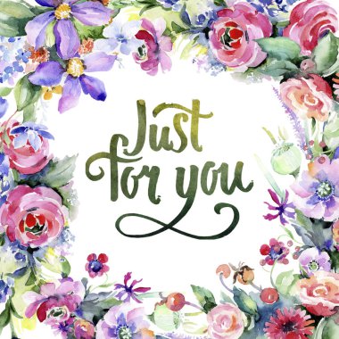 Renkli buket. Botanik çiçek. Çerçeve kenarlığı süsleme Meydanı. Arka plan, doku, sarıcı desen, çerçeve veya kenarlık için Aquarelle kır çiçeği.