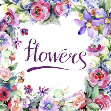 Renkli buket. Botanik çiçek. Çerçeve kenarlığı süsleme Meydanı. Arka plan, doku, sarıcı desen, çerçeve veya kenarlık için Aquarelle kır çiçeği.