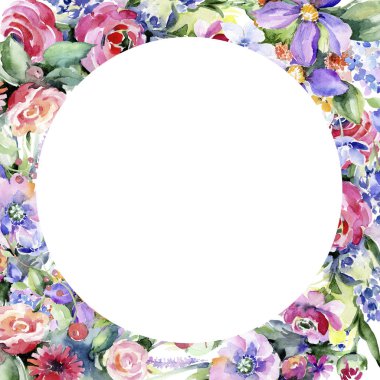 Renkli buket. Botanik çiçek. Çerçeve kenarlığı süsleme Meydanı. Arka plan, doku, sarıcı desen, çerçeve veya kenarlık için Aquarelle kır çiçeği.