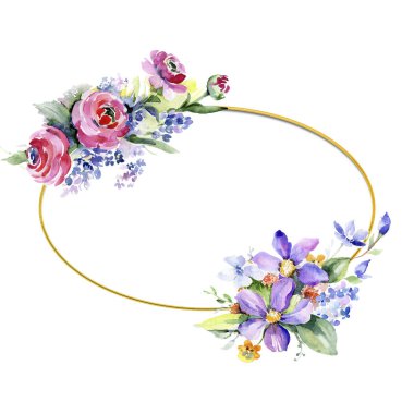 Renkli buket. Botanik çiçek. Çerçeve kenarlığı süsleme Meydanı. Arka plan, doku, sarıcı desen, çerçeve veya kenarlık için Aquarelle kır çiçeği.