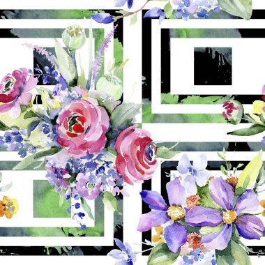 Renkli buket. Sorunsuz arka plan deseni. Kumaş duvar kağıdı yazdırma doku. Arka plan, doku, sarıcı desen, çerçeve veya kenarlık için Aquarelle kır çiçeği.