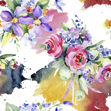Renkli buket. Sorunsuz arka plan deseni. Kumaş duvar kağıdı yazdırma doku. Arka plan, doku, sarıcı desen, çerçeve veya kenarlık için Aquarelle kır çiçeği.