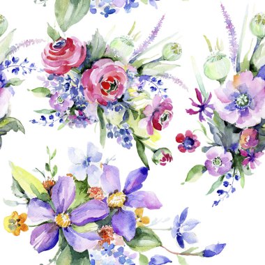 Renkli buket. Sorunsuz arka plan deseni. Kumaş duvar kağıdı yazdırma doku. Arka plan, doku, sarıcı desen, çerçeve veya kenarlık için Aquarelle kır çiçeği.