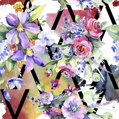 Renkli buket. Sorunsuz arka plan deseni. Kumaş duvar kağıdı yazdırma doku. Arka plan, doku, sarıcı desen, çerçeve veya kenarlık için Aquarelle kır çiçeği.