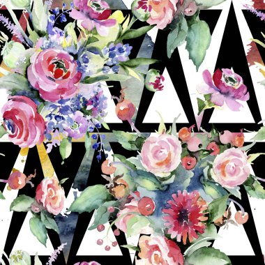 Renkli buket. Sorunsuz arka plan deseni. Kumaş duvar kağıdı yazdırma doku. Arka plan, doku, sarıcı desen, çerçeve veya kenarlık için Aquarelle kır çiçeği.