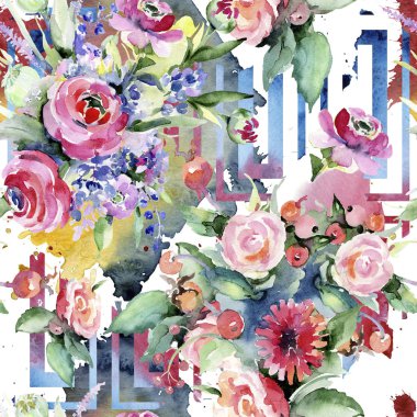 Renkli buket. Sorunsuz arka plan deseni. Kumaş duvar kağıdı yazdırma doku. Arka plan, doku, sarıcı desen, çerçeve veya kenarlık için Aquarelle kır çiçeği.