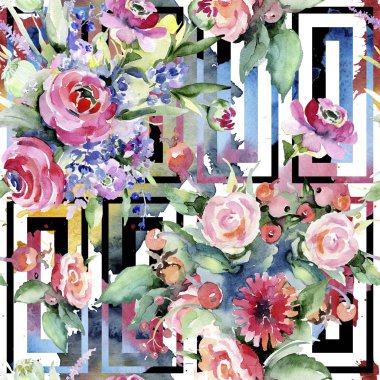 Renkli buket. Sorunsuz arka plan deseni. Kumaş duvar kağıdı yazdırma doku. Arka plan, doku, sarıcı desen, çerçeve veya kenarlık için Aquarelle kır çiçeği.