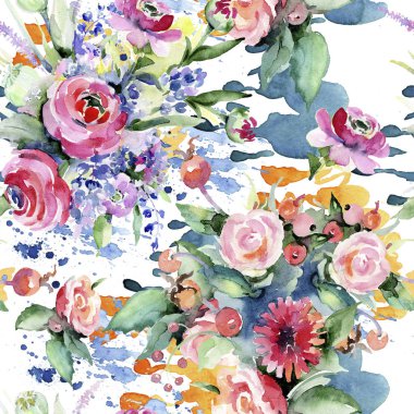 Renkli buket. Sorunsuz arka plan deseni. Kumaş duvar kağıdı yazdırma doku. Arka plan, doku, sarıcı desen, çerçeve veya kenarlık için Aquarelle kır çiçeği.